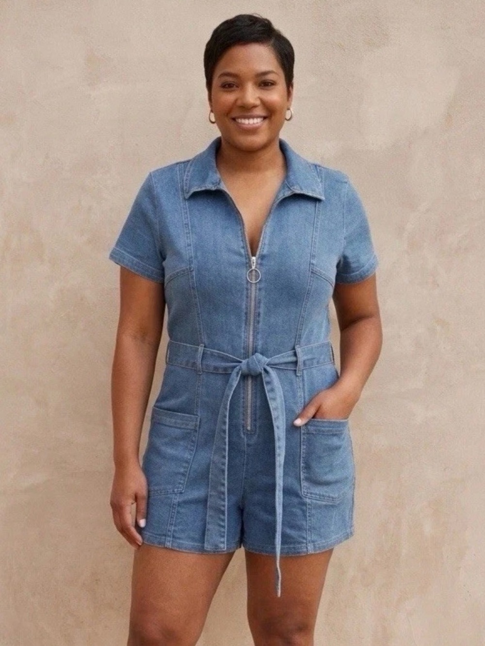 Blashe Denim Romper Belted Zip Front Medium Wash Large